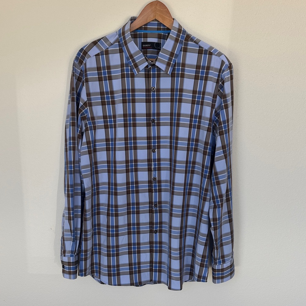 Quieti Men's Casual Blue and Brown Plaid Shirt